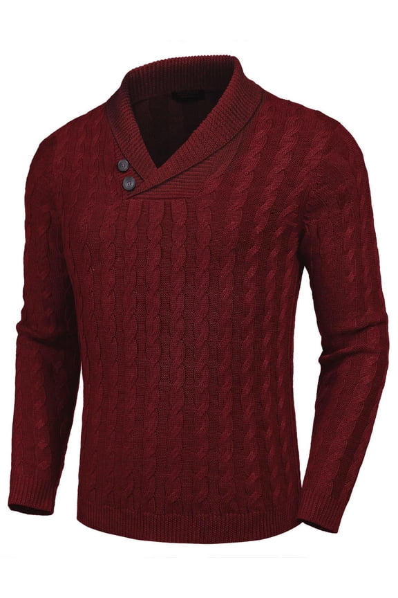 Men's Shawl Collar Pullover Sweater Slim Fit Casual Button Cable Knit Sweaters