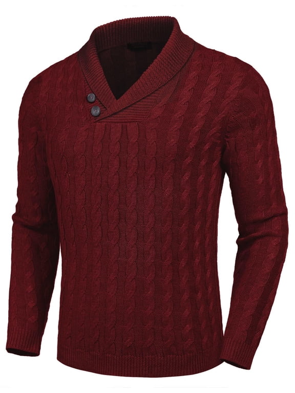 Men's Shawl Collar Pullover Sweater Slim Fit Casual Button Cable Knit Sweaters