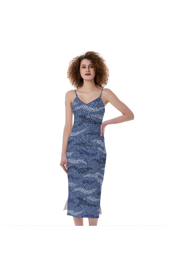 Camo Denim Jeans Pattern Print Slim Fit Midi Cami Dress, Camo Camouflage Fashion Summer Maxi Sexy Casual Dress For Women
