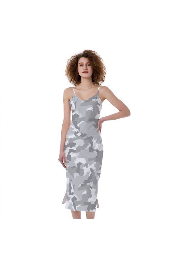 White Snow Camouflage Print Slim Fit Midi Cami Dress, Camo Camouflage Fashion Summer Maxi Sexy Casual Dress For Women