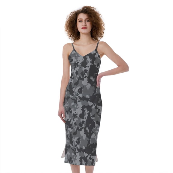 Grey Digital Camo Pattern Print Slim Fit Midi Cami Dress, Camo Camouflage Fashion Summer Maxi Sexy Casual Dress For Women