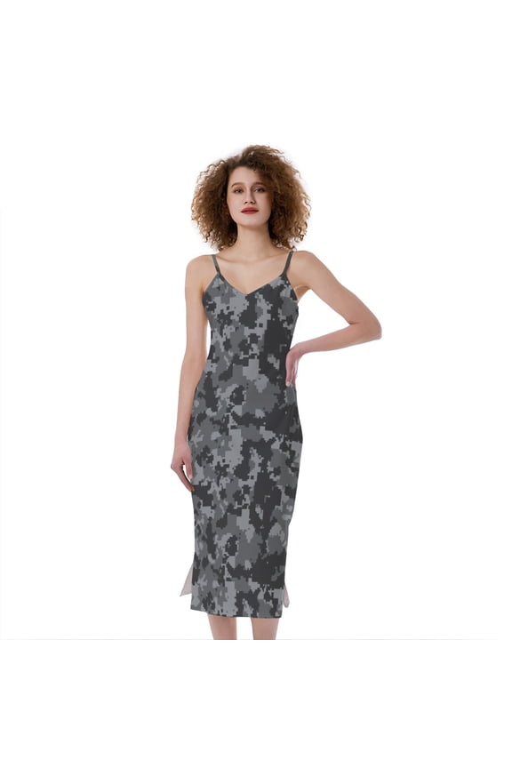 Grey Digital Camo Pattern Print Slim Fit Midi Cami Dress, Camo Camouflage Fashion Summer Maxi Sexy Casual Dress For Women