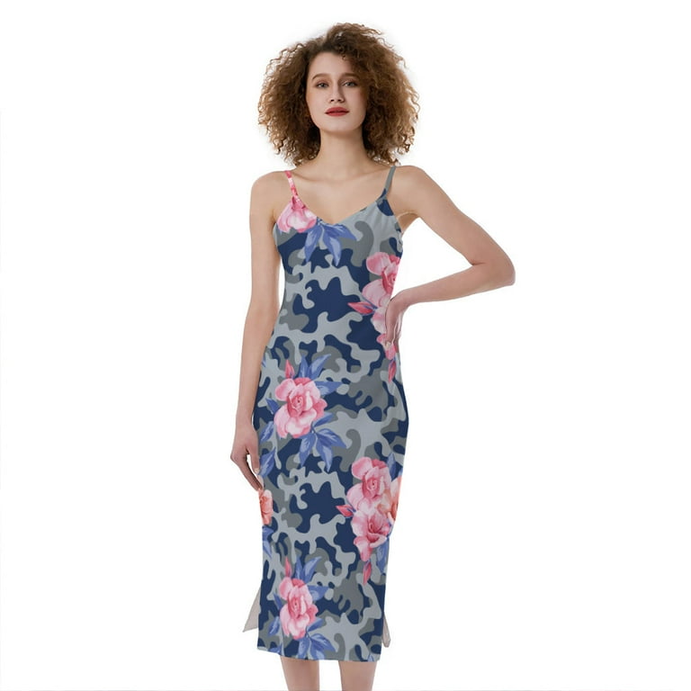 Pink Rose Flower Camouflage Print Slim Fit Midi Cami Dress, Camo