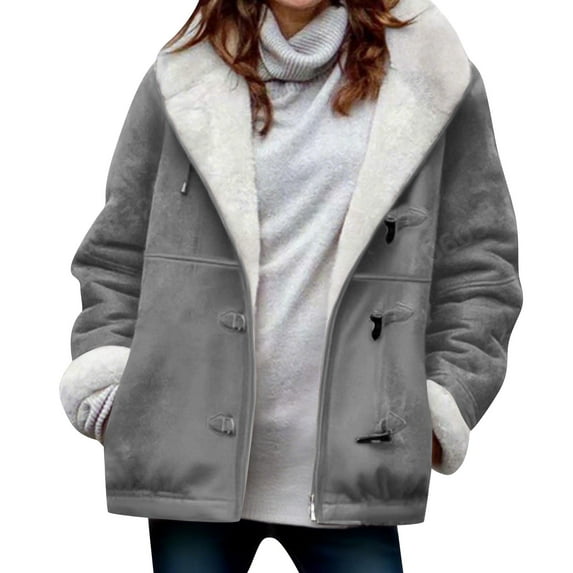 Felirenzacia Womens Sherpa Jacket Fuzzy Horn-Button Coat Hoodie Fleece Jackets Fluffy Coat with Pockets