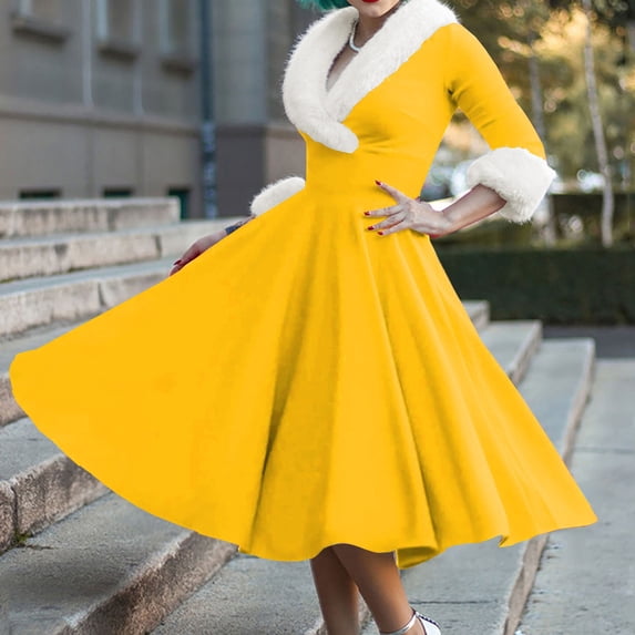 NSLGXD Women Elegant Christmas Dresses V Neck Fleece Collar 1950s Vintage Midi Swing Dress Casual Xmas A Line Party Holiday Dresses