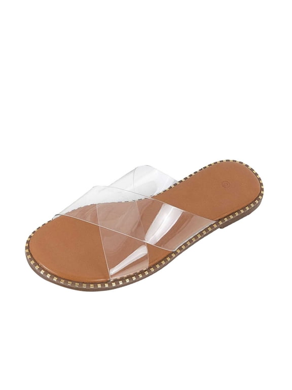Womens Studded Flat Sandals Open Toe Slip on Mule Slides Crossed Strap Slipper Clear 43