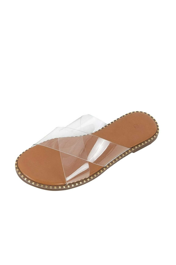 Womens Studded Flat Sandals Open Toe Slip on Mule Slides Crossed Strap Slipper Clear 41