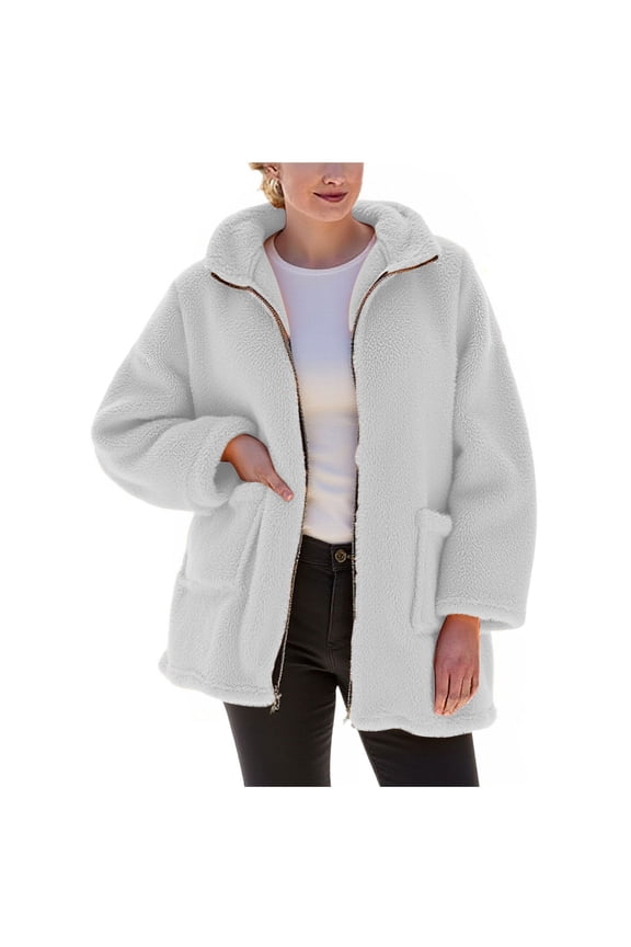 Women's Coat Casual Lapel Fleece Fuzzy Faux Shearling Zipper Coats Warm Winter Oversized Outwear Jackets