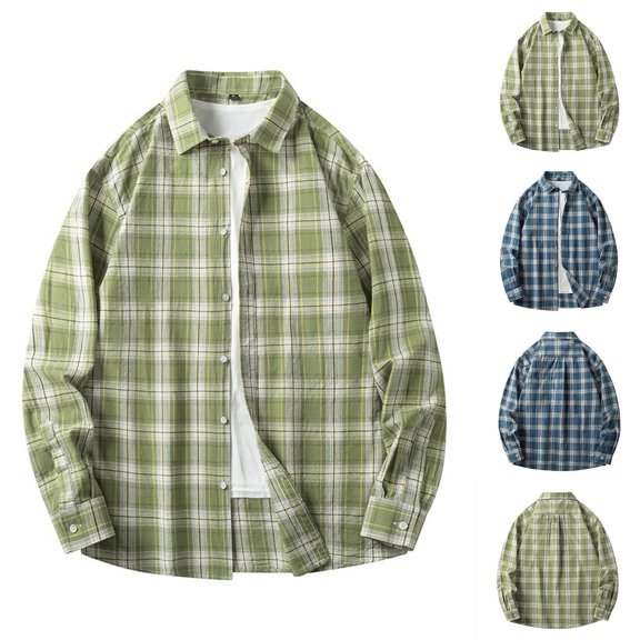 YFNNUP Plaid Shirt for Men Long Sleeve Flannel Plaid Shirt Casual Button Down Work Tshirt Lightweight Beach T-Shirt with Pockets