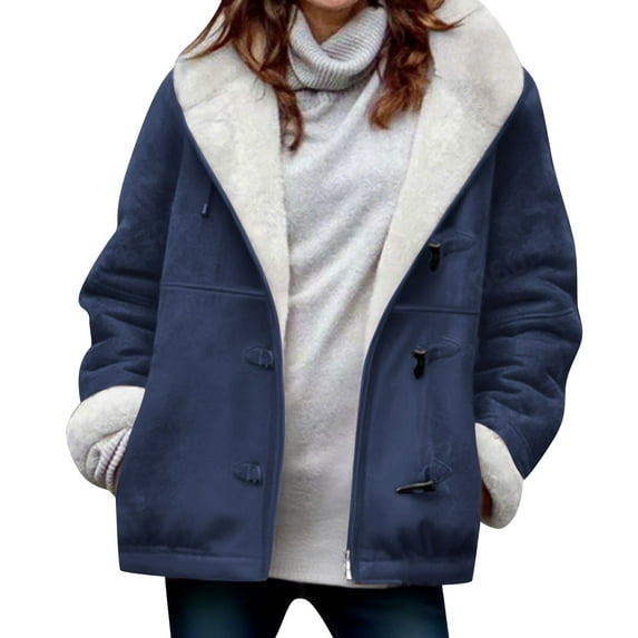 Felirenzacia Womens Sherpa Jacket Fuzzy Horn-Button Coat Hoodie Fleece Jackets Fluffy Coat with Pockets