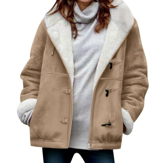 Felirenzacia Womens Sherpa Jacket Fuzzy Horn-Button Coat Hoodie Fleece Jackets Fluffy Coat with Pockets