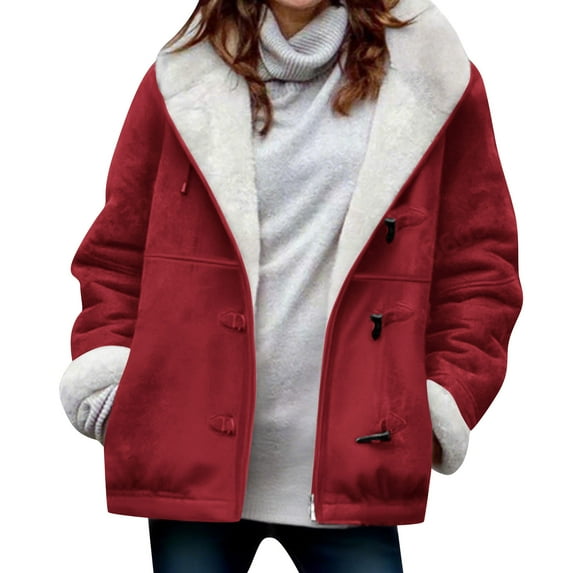 Felirenzacia Womens Sherpa Jacket Fuzzy Horn-Button Coat Hoodie Fleece Jackets Fluffy Coat with Pockets