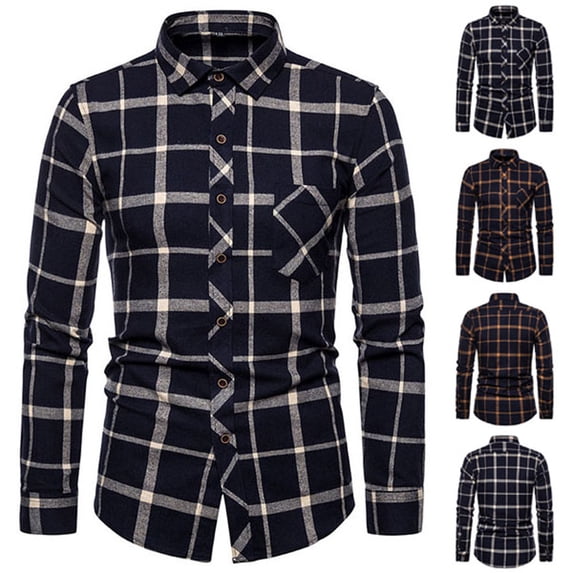YFNNUP Mens Flannel Shirts Casual Button Down T-Shirt Long Sleeve Vintage Plaid Work Shirt Slim Fit Work Tee Shirts with Pockets