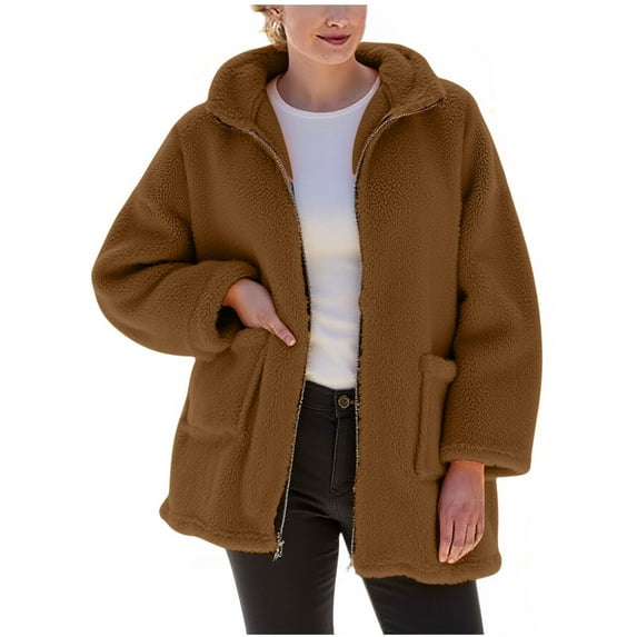 Felirenzacia Women's Coat Casual Lapel Fleece Fuzzy Faux Shearling Zipper Coats Warm Winter Oversized Outwear Jackets
