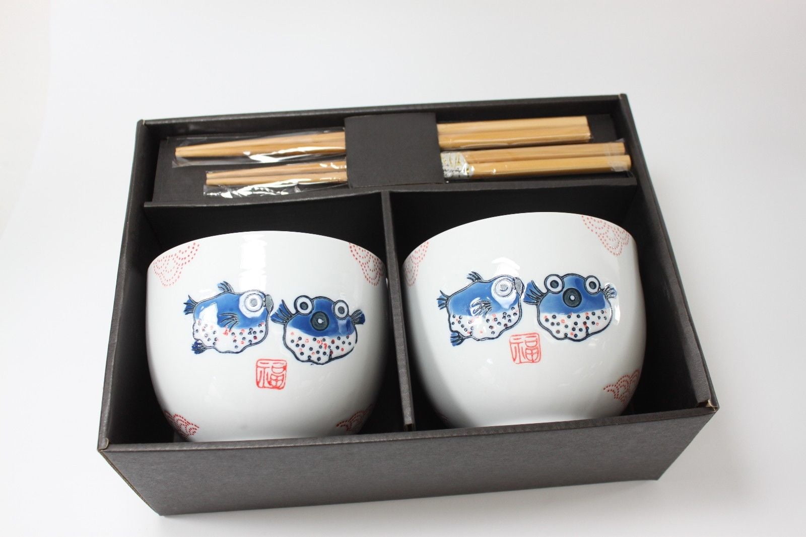 ERROR [Set of 2] Japanese Porcelain Ceramic Bowls w Chopsticks Ramen Soup Noodle Porridge Menudo Ramen Udon Pasta Cereal Ice cream Pho Rice Instant Noodle ~ We Pay Your Sales Tax (Puffer Fish) EHD