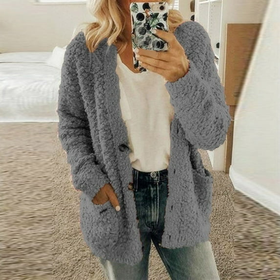ERTUTUYI Women Casual Plus Size Plush Sweater Pockets Outerwear Buttons Cardigan Coat Dark Gray XXXL