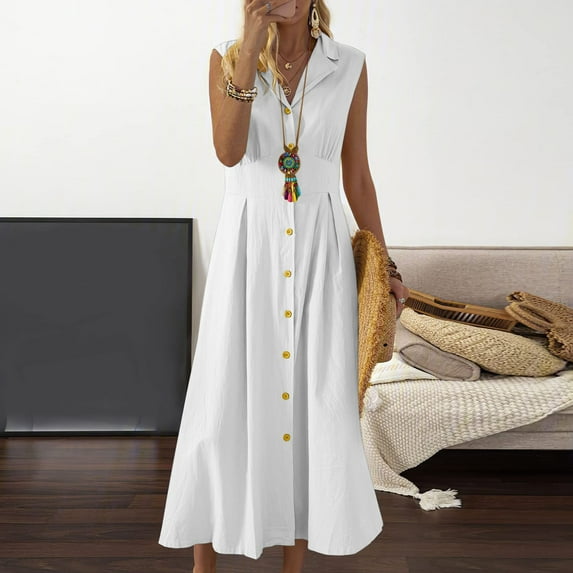 ERTUTUYI Women Fashion Summer A Line Dress Casual Sleeveless Lapel Mid Length Dress Loose Button Sundress Swing Party Dress White M
