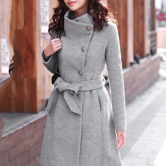 ERTUTUYI Womens Winter Lapel Wool Coat Trench Jacket Long Sleeve Overcoat Outwear Gray M