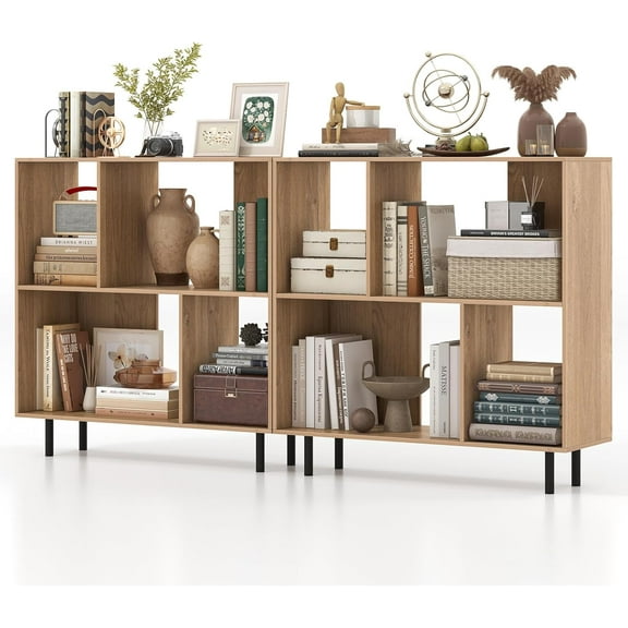 ERTWER 4 Cubby Open Bookcase, 3-Tier Freestanding Bookshelf with Detachable Metal Legs, Anti-toppling Device, Anti-Falling Baffles, Modern Cubicle Display Shelf (2,Natural)