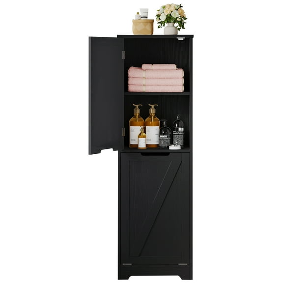 ERTWER 53" Tall Bathroom Laundry Cabinet Organizer with Basket Tilt-Out Laundry Hamper, Corner Bathroom Cabinet, Floor Standing​,Black