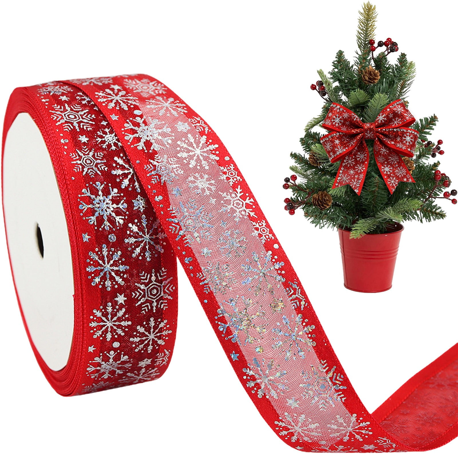 ERTZAE 1Inch Christmas Snowflake Ribbon,Glitter Snowflake Wired Ribbon ...