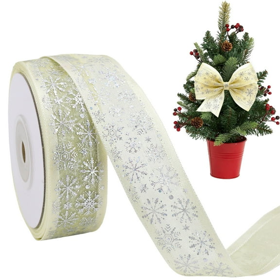 ERTZAE 1Inch Christmas Snowflake Ribbon,Glitter Snowflake Wired Ribbon For Holiday Party Christmas Tree Xmas Wreath Decoration,Gift Wrapping,Bows Making Beige 4.5M