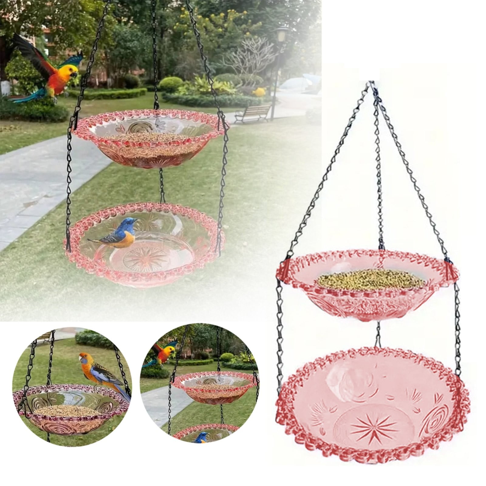 ERTZAE 2-Tier Hanging Bird Feeder & Bird Bath,Plastic Bird Bath,Garden Yard Patio Decor,Hanging Bird Feeder & Bath 9.3x20in,2-in-1 Plastic Tray,Outdoor Seed Water Dispenser with Chain for Garden