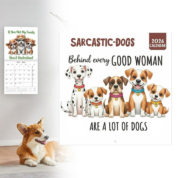ERTZAE 2026 Dog Theme Wall Calendar,Funny Puppy Illustration Calendar,Humorous Quote Planner,Retro Decor Hangable Planner,Thick Paper Home Office Organizer,Giftable Monthly Wide Date Schedule C