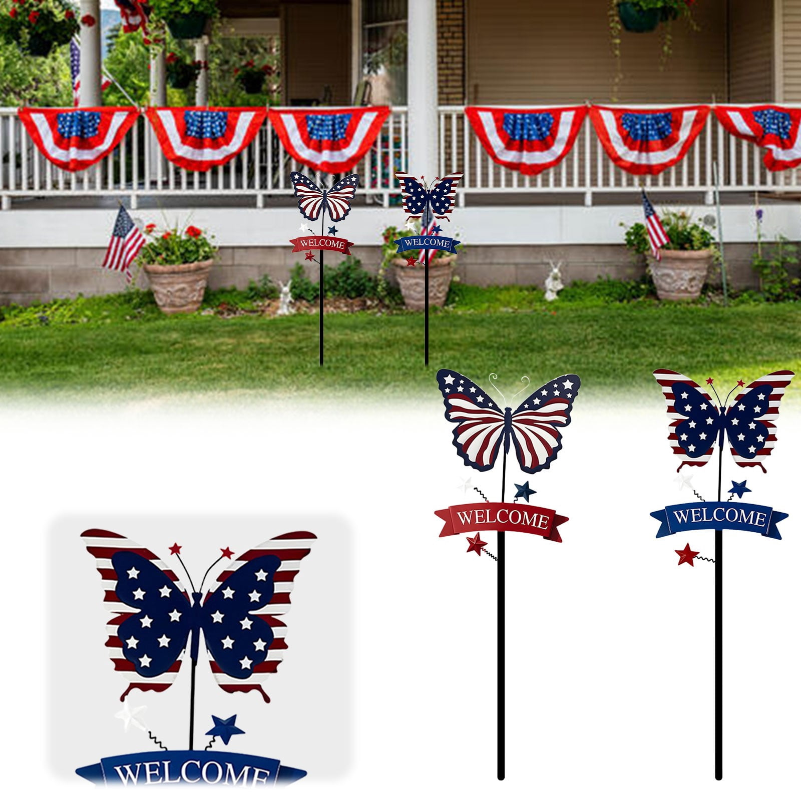 ERTZAE 2Pc Patriotic Garden Stake,15.74" Patriotic Butterfly Welcome Yard Stake,4Th Of July Decorations Outdoor,Usa Lawn Porch Yard Sign,Red White Blue Independence Anniversary Memorial Day Decor