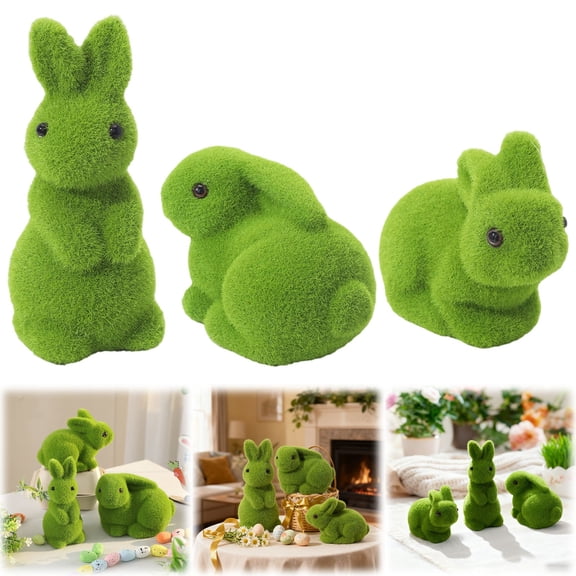 ERTZAE 3Pcs Moss Bunny Decorative Figurines,Flocked Resin Easter Rabbit Decor Green Bunnies,Easter Bunny Decor,Artificial Rabbit Sculpture For Spring Garden Home Office Easter Home Party Centerpiece