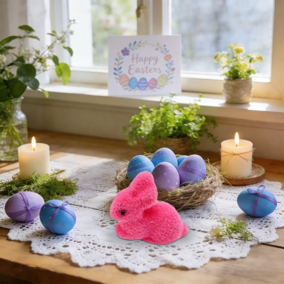 ERTZAE 4Pc Flocked Bunny Statue,Flocked Bunny Ornament,Indoor Table Accent,Flocked Rabbit Table Decor,Flocked Bunny Home Decor,Hot Pink Flocked Foam Lying Bunny 2.4x2.6Inch,Soft Plush Easter Ornament