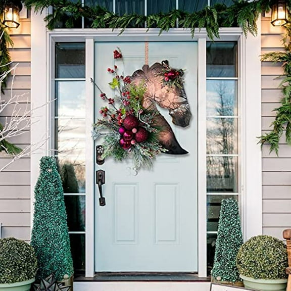 ERTZAE Artificial Pine Horse Head Wreath,Wood Horse Christmas Hanger,Rustic Xmas Front Door Decor,Farmhouse Wall Accent,Winter Festive Garland,Entryway Holiday Decor,Hanging Xmas Horse Ornament A