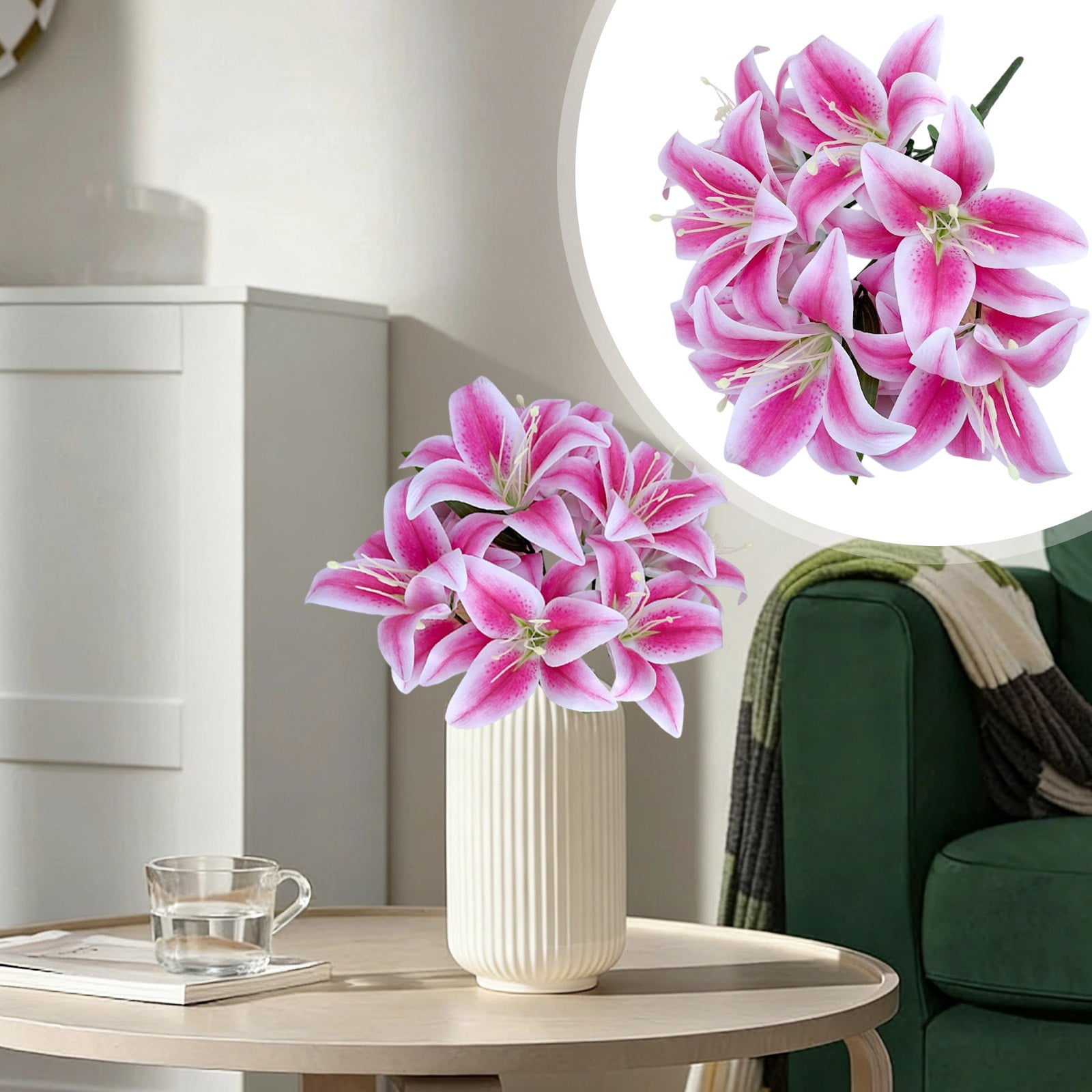 ERTZAE Balcony Flower Decor,Cool Color Lily Stems,Event Hall Lilies,Faux Lily Stems,Decorative Lily Bouquet,Pink 10-Head Artificial Lily Bouquet 18Inch,Realistic Flower Stem for Vase Decor