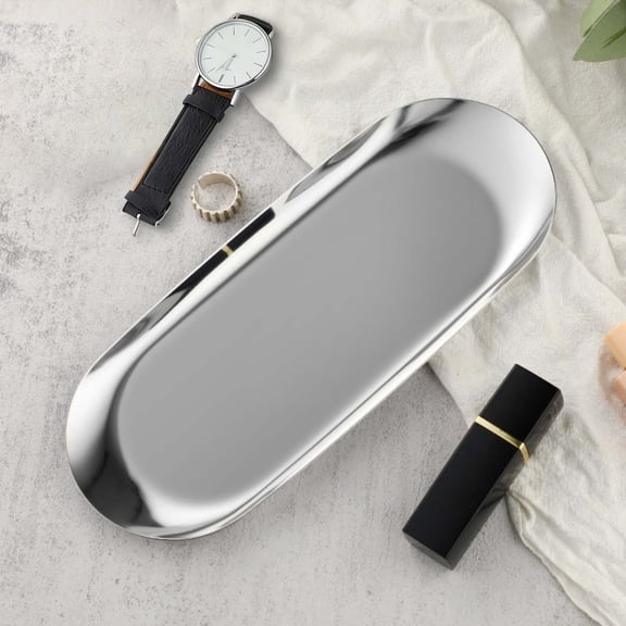 ERTZAE Bathroom Clutter Tray,Key Holder Tray,Oval Decor Office Desk Tray,Oval Stainless Steel Jewelry Tray,Silver Small Serving Dish for Rings,Perfume,and Cosmetics,Vanity Organizer 9x3.7in Silver