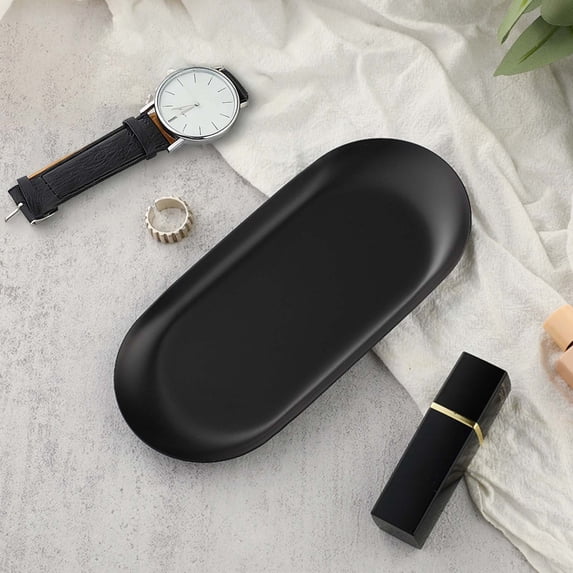 ERTZAE Candle Holder Tray,Serving Tray Decor,Dresser Tray Decor,Bathroom Organizer Tray,Small Oval Black Tray,Stainless Steel Trinket Dish for Ring and Earring,Compact Vanity Organizer 7x3.3in Black