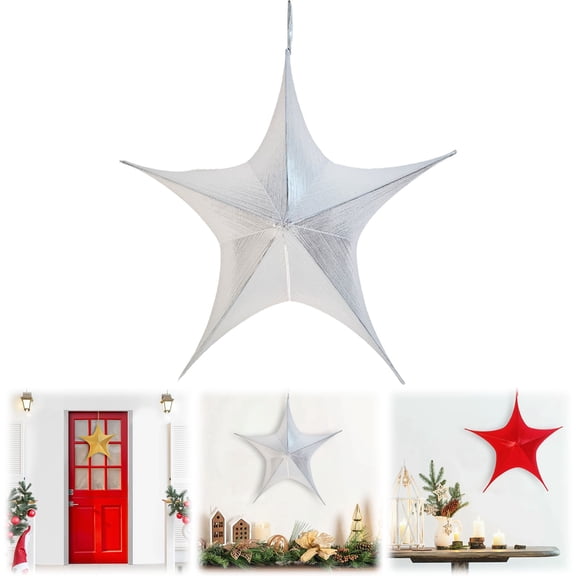 ERTZAE Christmas Hanging Star,3D Foldable Decor,Holiday Star Ornament,Fabric-Covered Metal Frame,Festive Home Decor,Holiday Party Accent,Collapsible Star Decor,Xmas Hanging Ornament Silver 23.62"