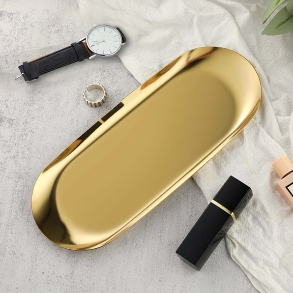 ERTZAE Decorative Stainless Steel Tray,Elegant Decor Tray,Counter Storage Tray,Oval Stainless Steel Jewelry Tray,Gold Small Serving Dish for Rings,Perfume,and Cosmetics,Vanity Organizer 9x3.7in Gold