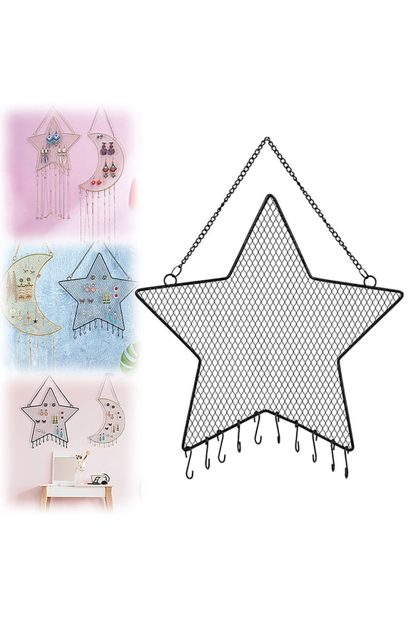 Earring Wall Holder Mounted,Earring Organizer Hanging Stand,Star Earring Jewelry Organizer,Metal Star Moon Earring Holder 11.8x11.8in,Wall Organizer,Black Grid Display Rack for Necklace