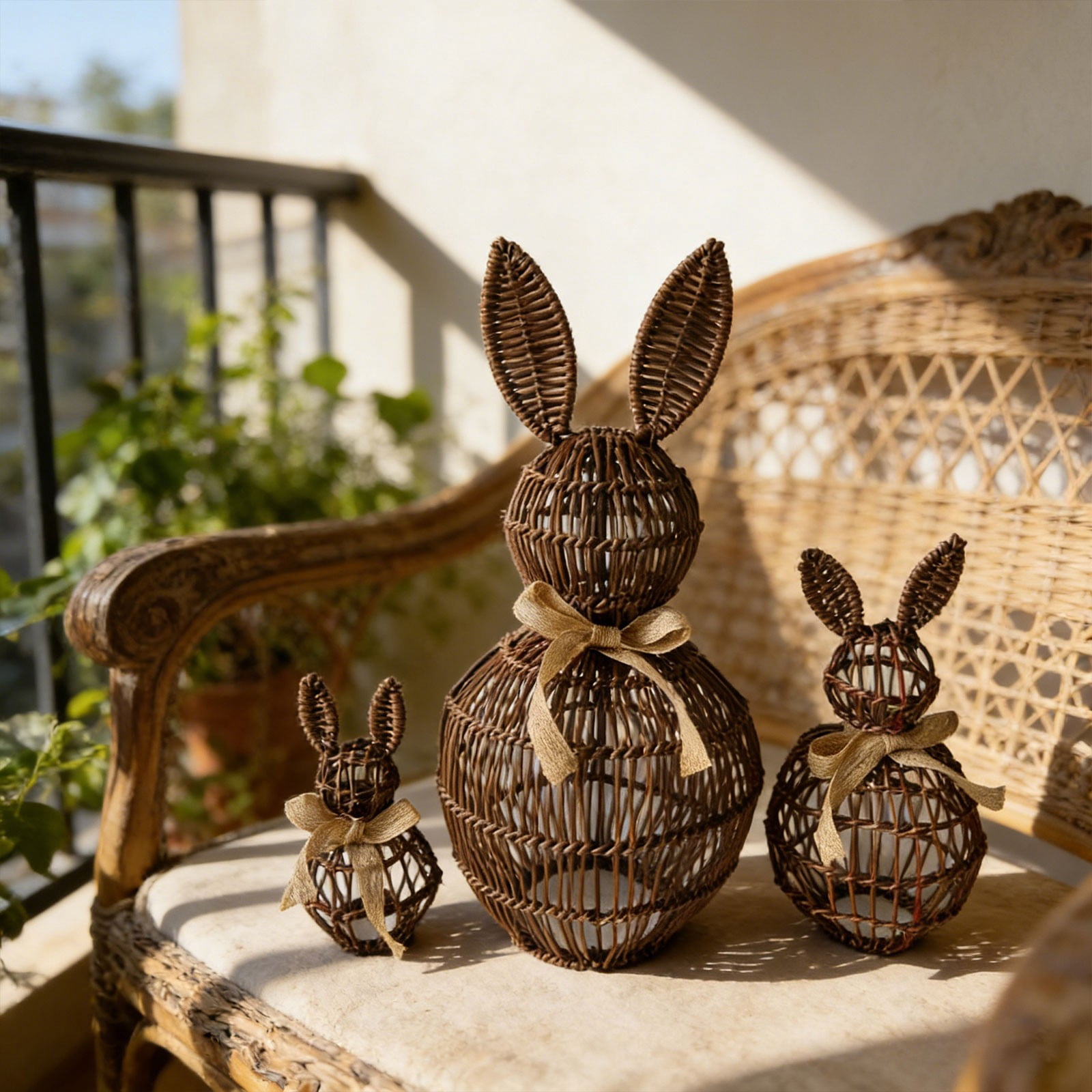 ERTZAE Easter Bunny Decor,Spring Rabbit Decor,Table Rabbit Decor,Artificial Wicker Bunny,Spring Tiered Tray Decor,Small Brown Handwoven Rattan Bunny Basket 8Inch,Rustic Easter Tabletop Ornament