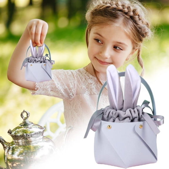 ERTZAE Easter Bunny Ear Drawstring Bags,Silver Easter Bunny Bag Pu Leather Candy Carrier,Velvet Drawstring Bunny Bags,Easter Party Favor Pouches,Candy Jewelry Treat Bags,Rabbit Ear Easter Basket