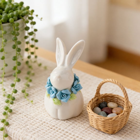 ERTZAE Easter Bunny Figurine,White Bunny With Blue Flower,Handmade Ceramic Craft With Delicate Floral Details,Porcelain Rabbit Figurines,Spring Easter Decor,Office Room Tabletop Centerpiece,Daily Use