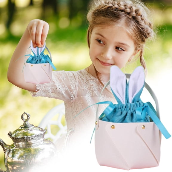 ERTZAE Easter Bunny Gift Pouche,Blue Adorable Bunny Ear Easter Bag Pu Leather Storage Basket,Rabbit Ear Velvet Gift Pouche,Easter Candy Treat Bag,Party Favor Supplie,Personalized Easter Bags