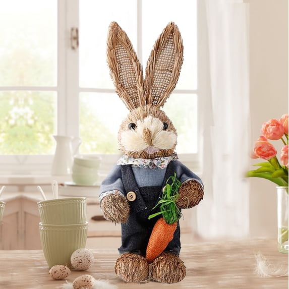 ERTZAE Easter Straw Bunny Figurines12.6In Weighted Base Straw Bunny Figurine Holiday Home Decor,Sisal Rabbit With Carrot,Spring Home Kitchen Decor,Easter Table Centerpieces,Straw Bunny Rabbit Decor