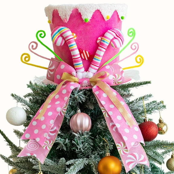 ERTZAE Festive Pastel Gingerbread Christmas Tree Topper,Velvet Top Hat Ornament,Candy Cane Accent,Festive Bow Decor,Xmas Tree Finial,Holiday Home Decor,Office Tree Adornment,Festive Christmas Gift