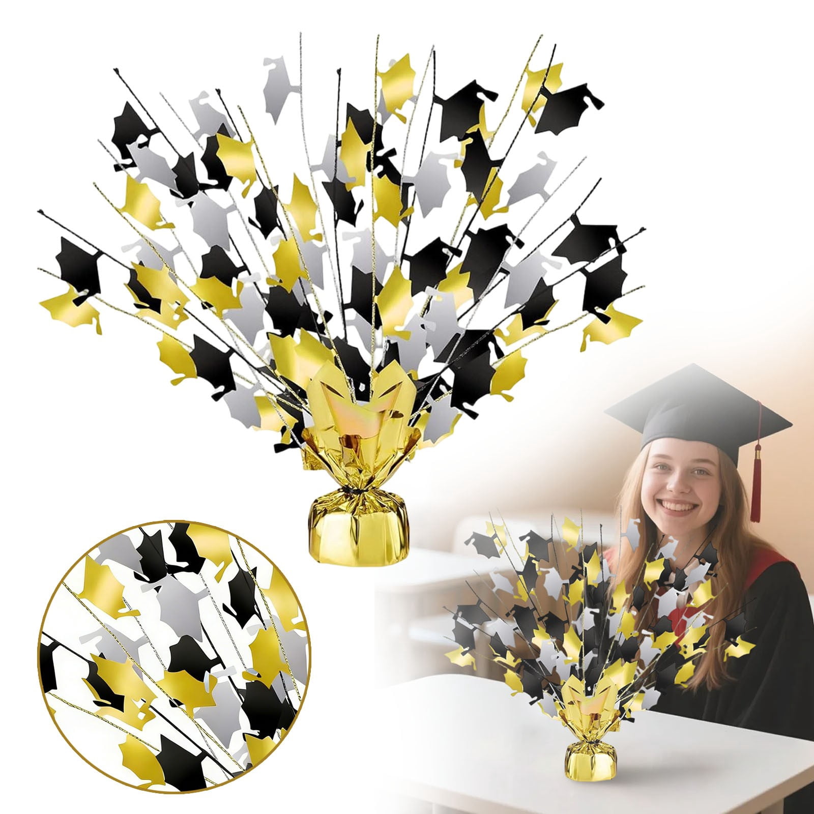 ERTZAE Graduation Party Table Centerpiece,Glitter Foil Grad Cap Decor,Shiny Metallic Grad Ornament,Gold & Black Metallic Grad Cap Table Decoration 18Inch,Glitter Foil Centerpiece for Graduation Party