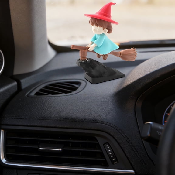 ERTZAE Halloween Witch Theme,Festive Car Decoration,Cute Witch Design,Charming Car Interior,Fun Novelty Ornament,Blue Broomstick Witch Car Figurine 4Inch,Motion-Activated Dashboard Ornament Drifts