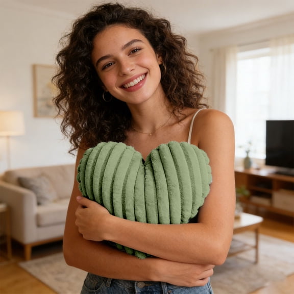 ERTZAE Heart Shaped Pillows,15"Green Soft Ruffled Heart-Shaped Pillows That Blend Decor Practicality,Plush Heart Shaped Cushion,Faux Rabbit Fur Decorative Pillow,Chair Sofa Bedroom Home Decor Pillow