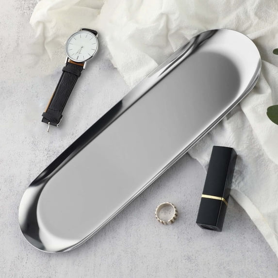 ERTZAE Jewelry Dish Plate,Towel Tray Storage,Home Vanity Tray,Large Oval Stainless Steel Tray,Silver Serving Platter for Towels,Tea,or Decor,Classic Bathroom or Kitchen Organizer 11.8x3.7in Silver