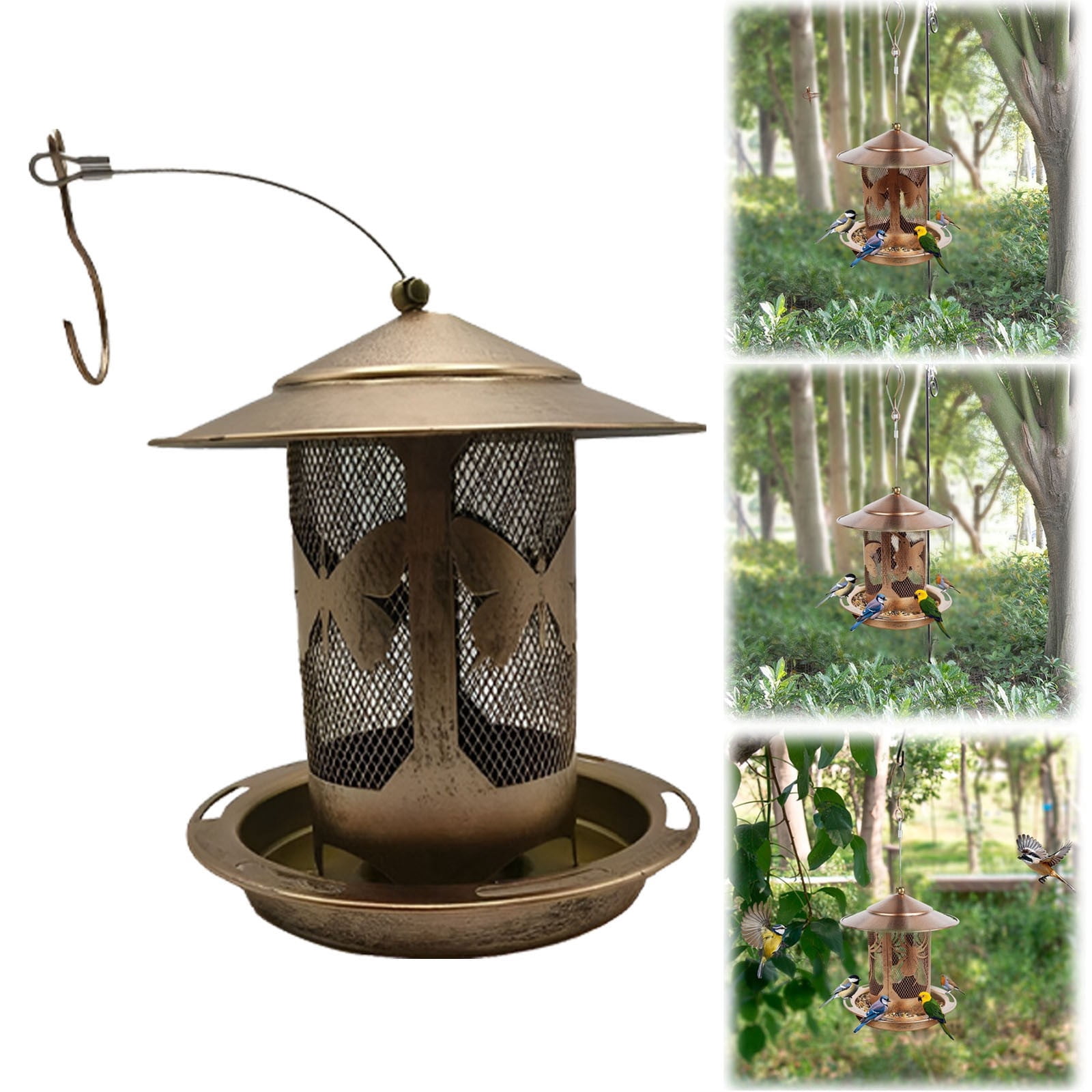 ERTZAE Metal Squirrel-Proof Hanging Bird Feeder,Outdoor Hanging Bird Feeder,2Lbs Capacity Wild Bird Feeder,Pattern Garden Drainage-Tray Bird Seed Feeder,Easy-Clean Stainless Steel Bird Feeder B