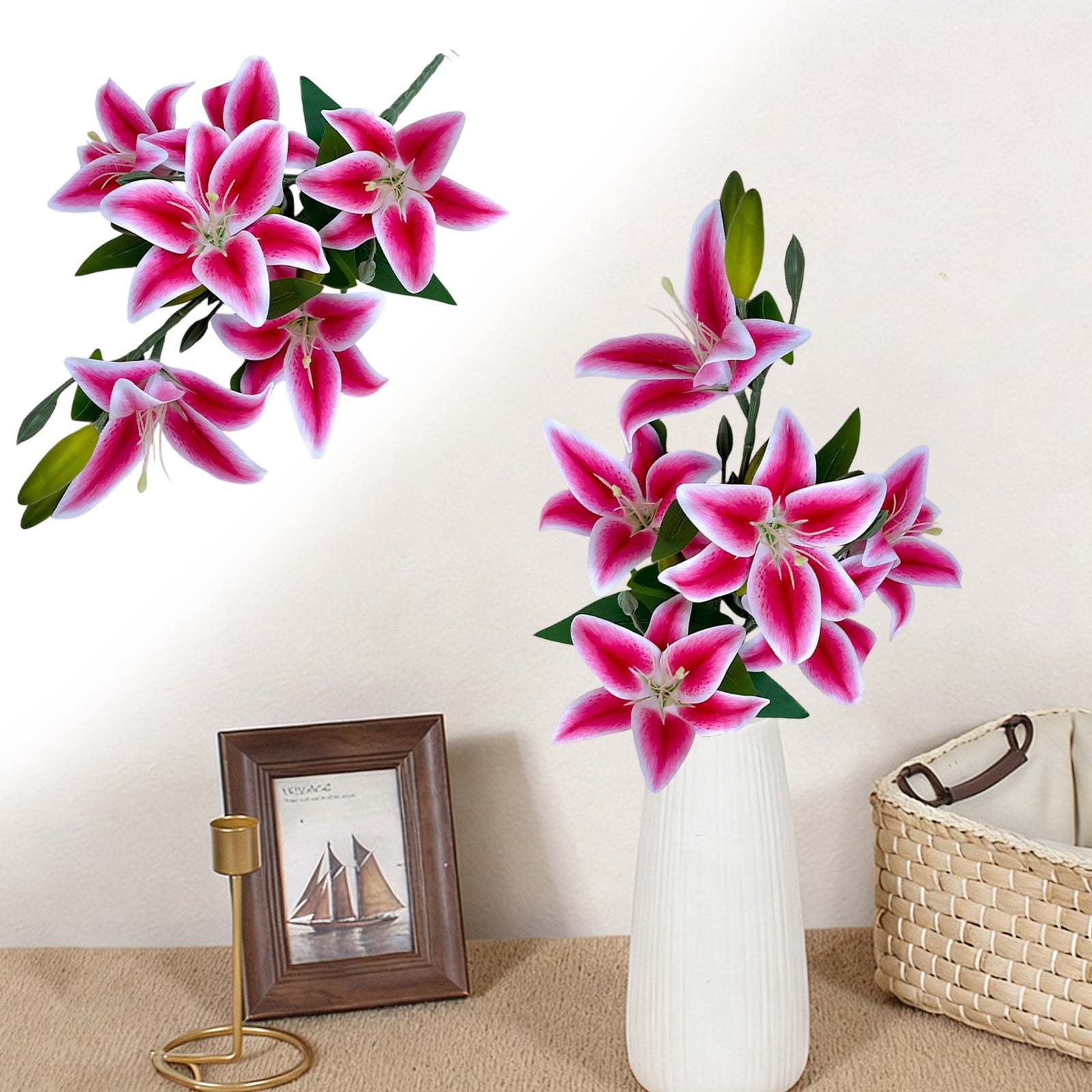 ERTZAE Multi Color Lily Set,Anniversary Floral Decor,Classy Table Centerpieces,Compact Lily Bouquets,Pink 6-Head Artificial Lily Stem with Berries 24Inch,Realistic Flower for Vase Decor